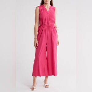 Calvin Klein Sleeveless V-Neck Cinched Waist Pocketed Wide Leg Jumpsuit Pink New